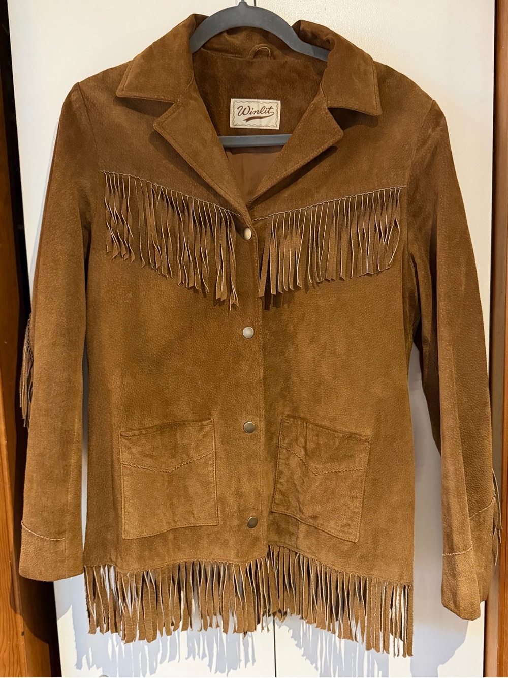 Vintage Boho Western Winlit Brown Leather Suede Fringe Jacket Women’s Medium